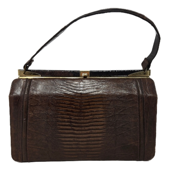 Womens Vintage Purse 1950's Dark Brown Exotic Repile Skin Arm Handbag Gold Tone - Picture 1 of 15
